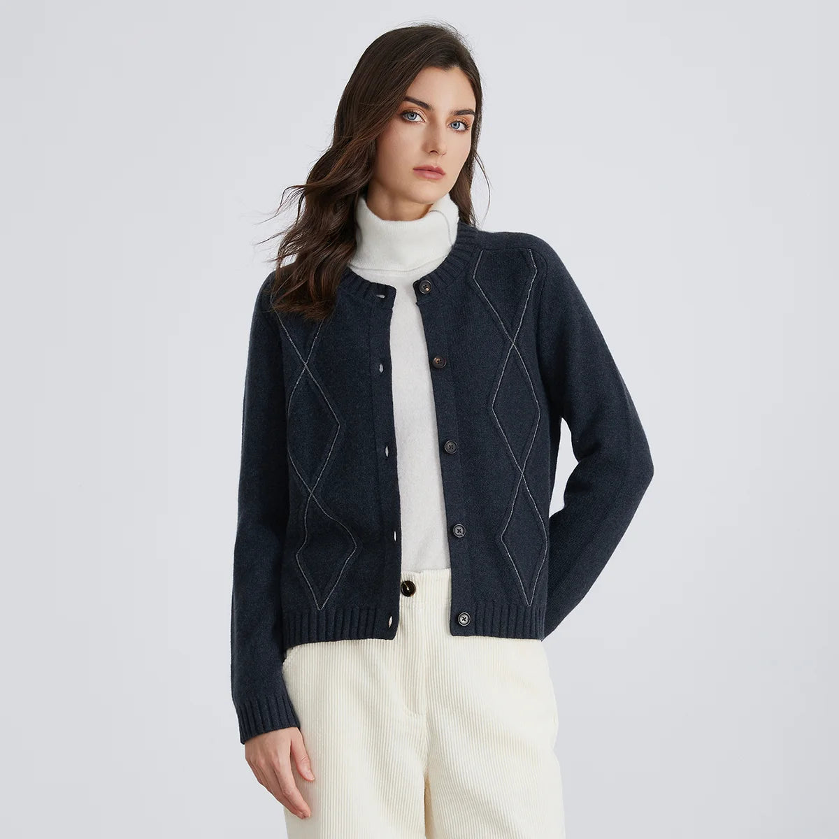 100% Merino Wool Long-Sleeved Knitted Cardigan