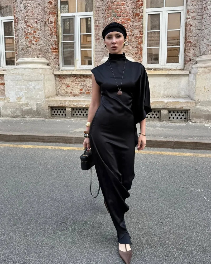 One Shoulder Asymmetric Turtleneck Dress