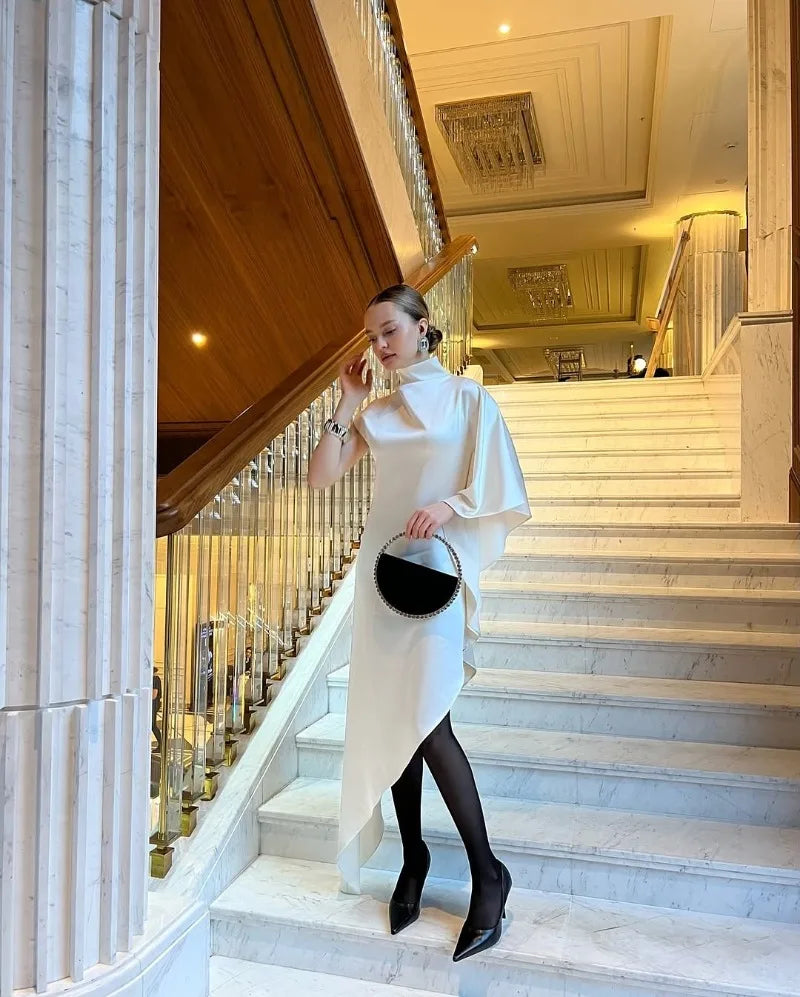 One Shoulder Asymmetric Turtleneck Dress