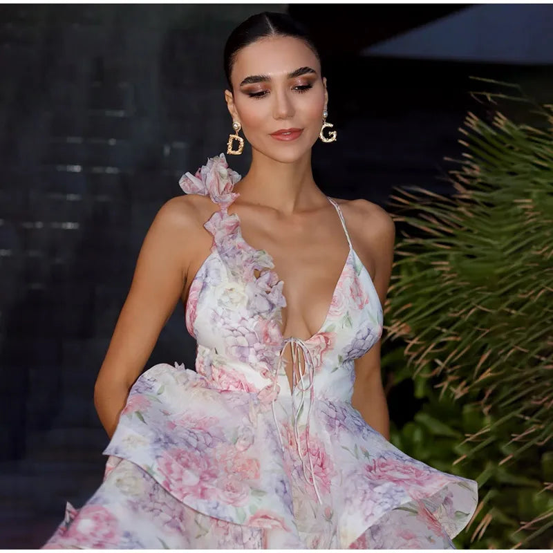 Floral Mini Sleeveless Backless Dress