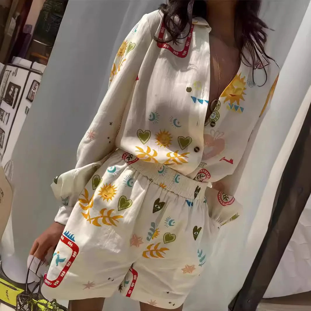 Floral Lapel Long Sleeve Two Piece Set