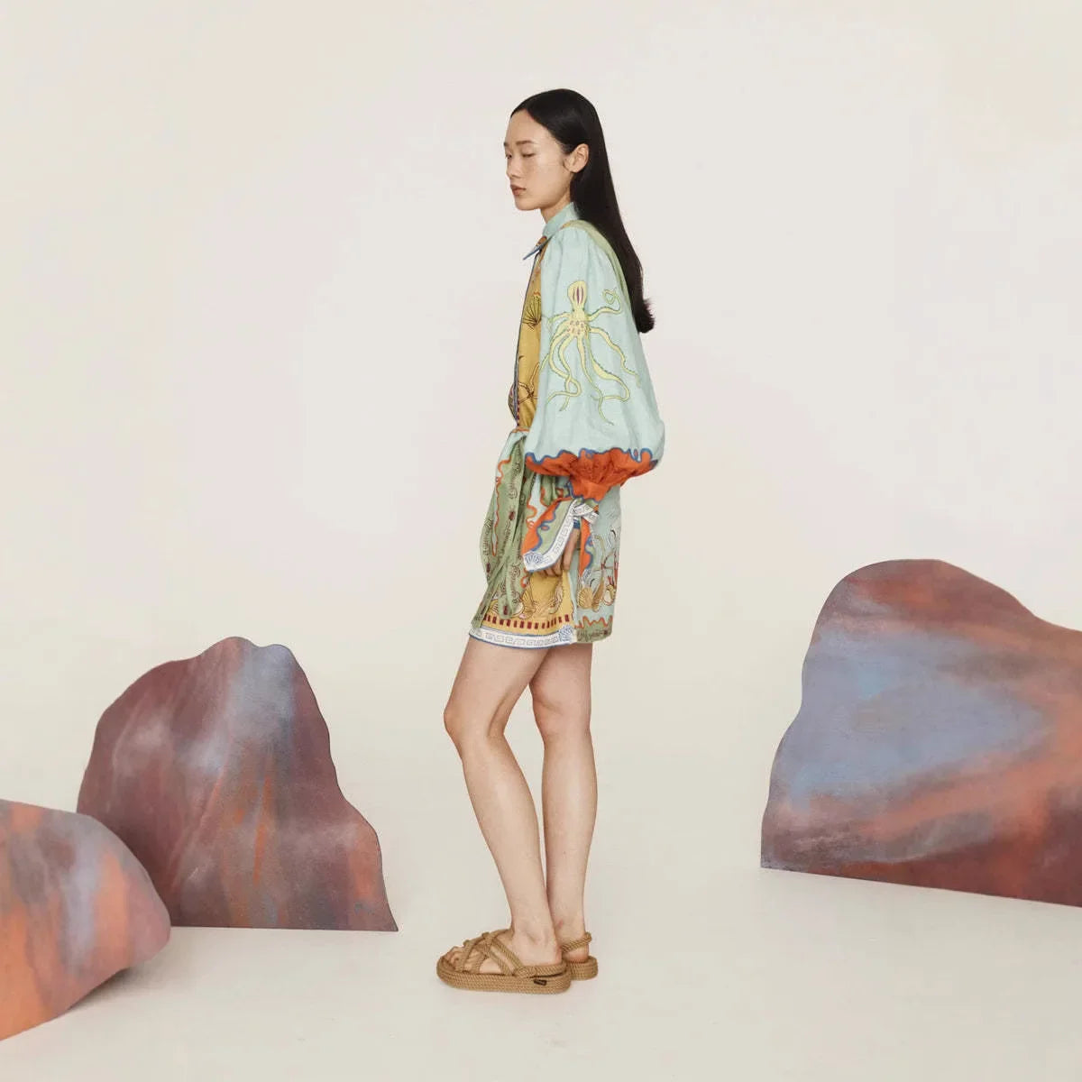 Linen Shirt Collar Open Cardigan Two-Piece Set