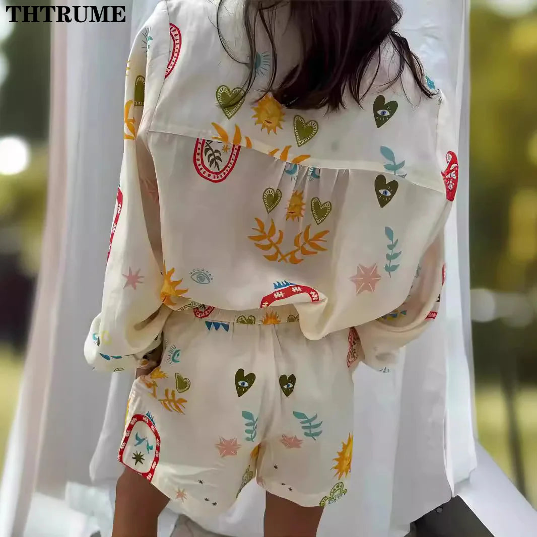 Floral Lapel Long Sleeve Two Piece Set