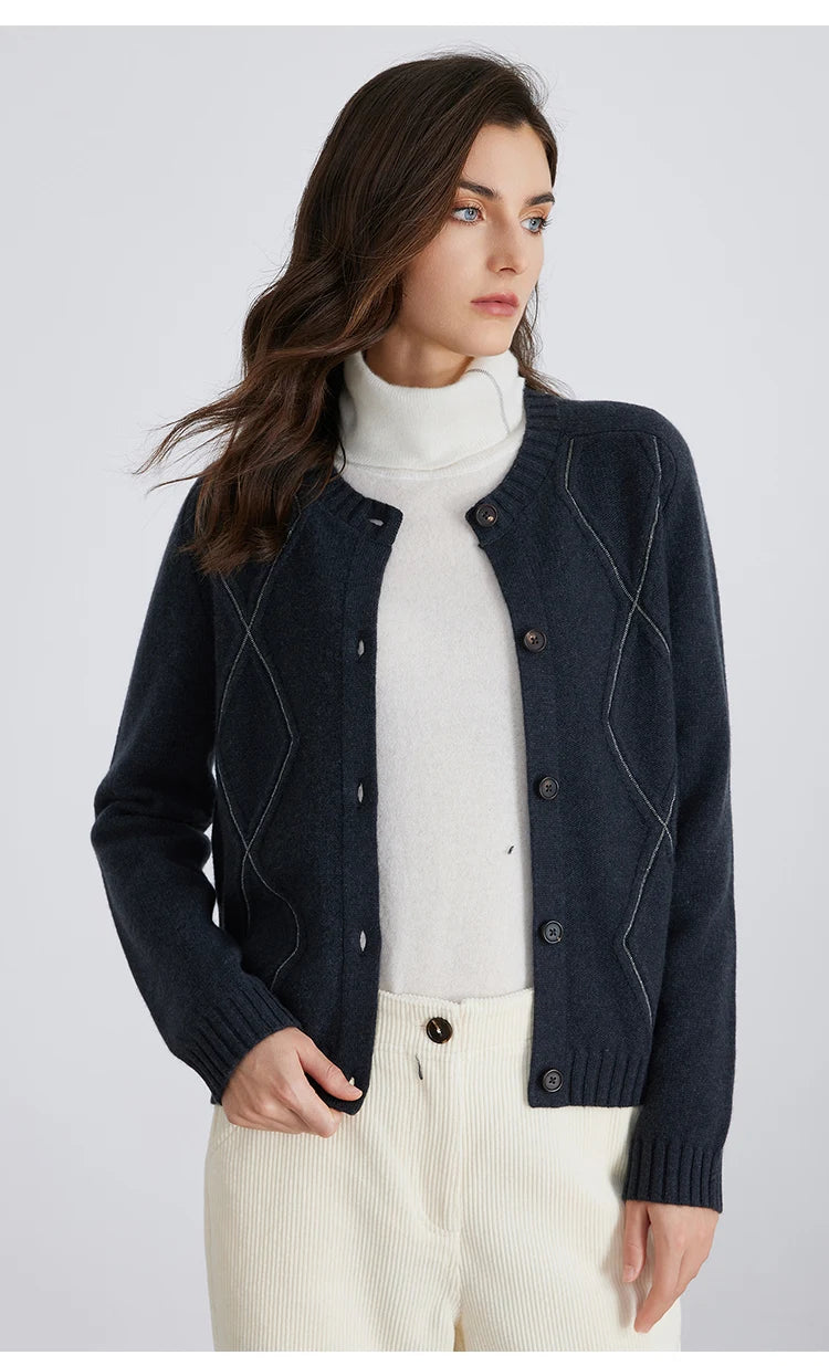 100% Merino Wool Long-Sleeved Knitted Cardigan