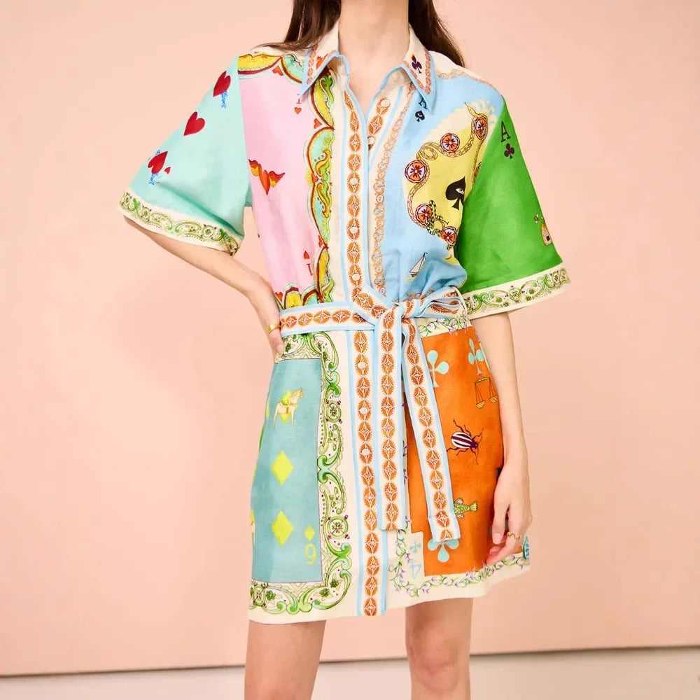 Quarter Sleeve Button Lace-up Mini Dress