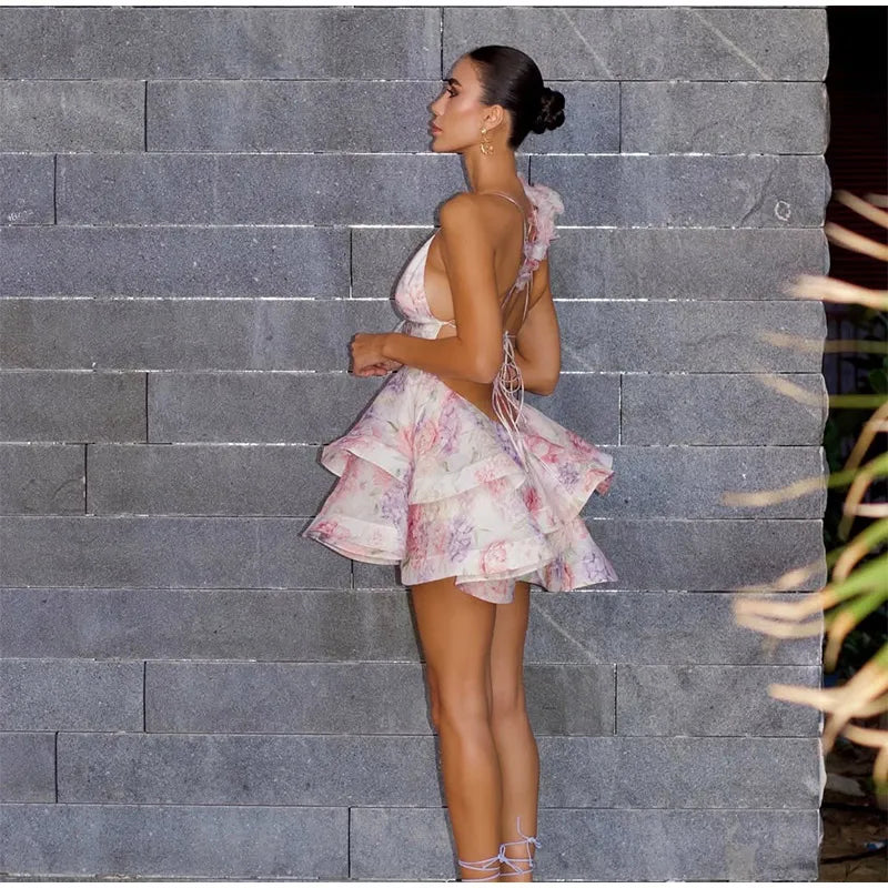 Floral Mini Sleeveless Backless Dress