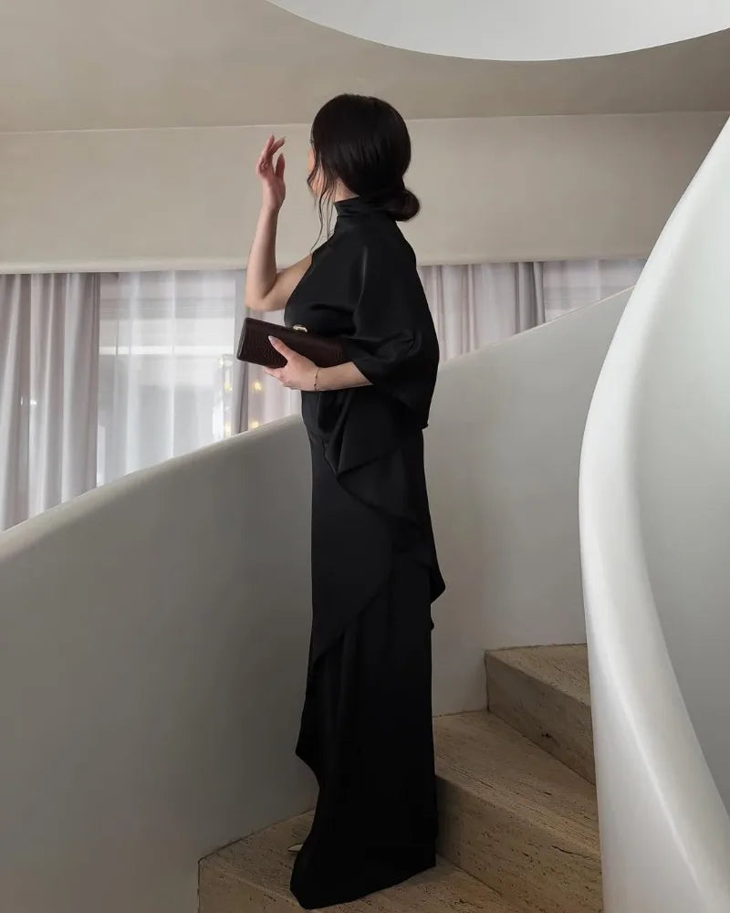 One Shoulder Asymmetric Turtleneck Dress