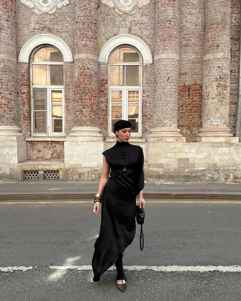 One Shoulder Asymmetric Turtleneck Dress