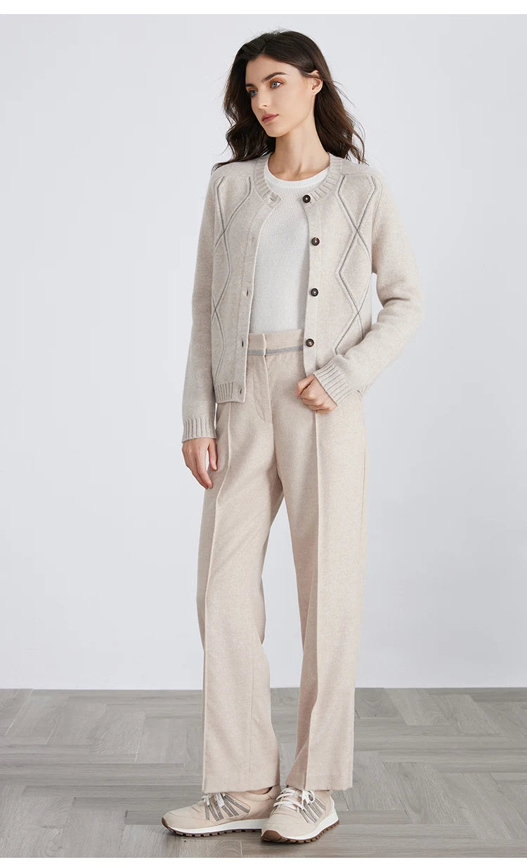 100% Merino Wool Long-Sleeved Knitted Cardigan