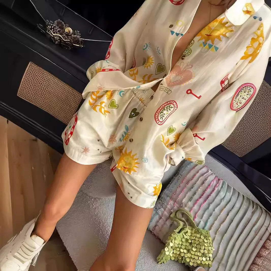 Floral Lapel Long Sleeve Two Piece Set