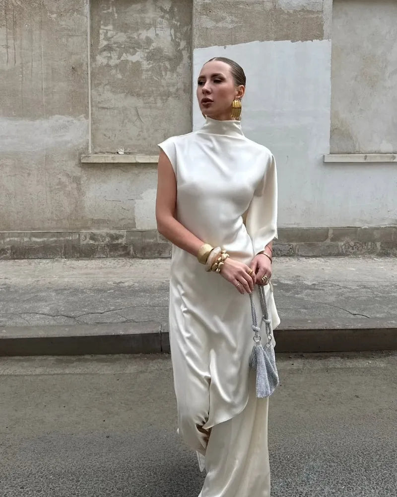 One Shoulder Asymmetric Turtleneck Dress
