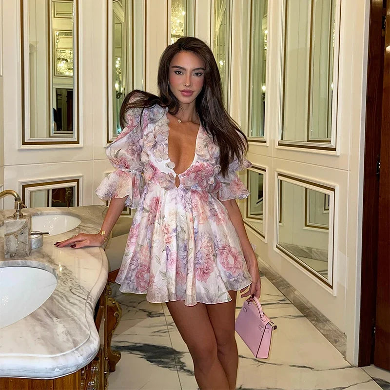 Chiffon Mini Dress Deep V-Neck Dress