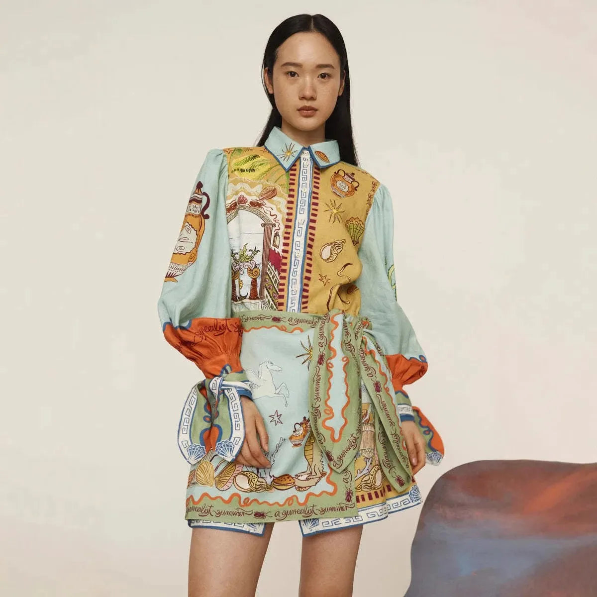 Linen Shirt Collar Open Cardigan Two-Piece Set