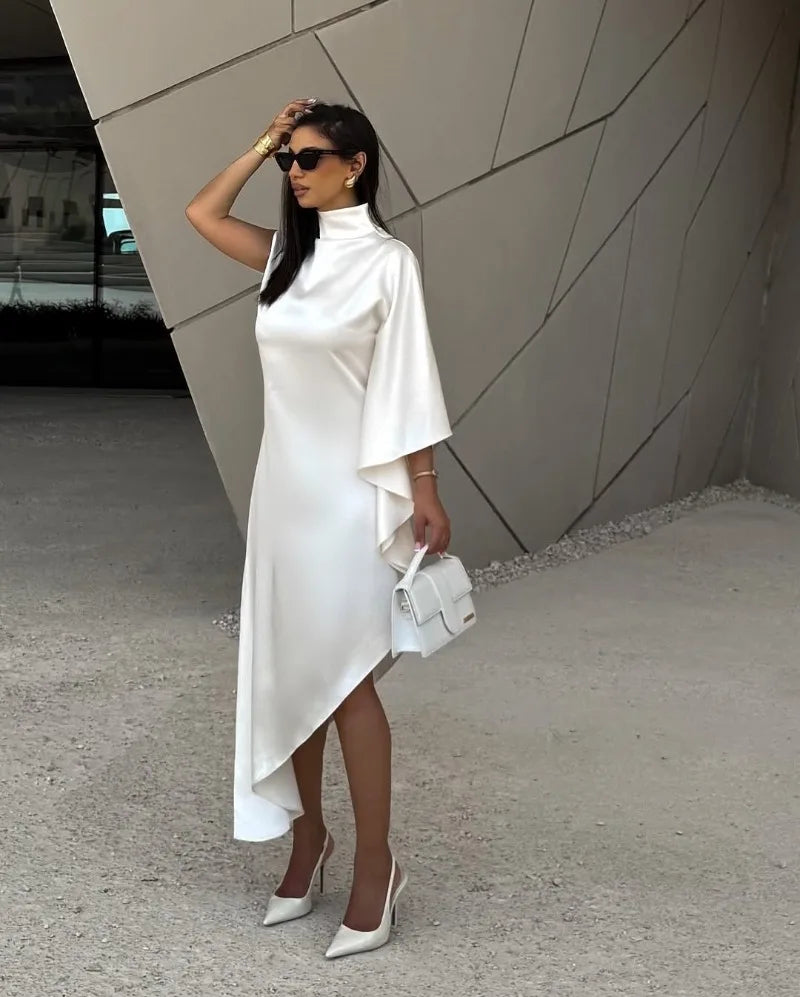 One Shoulder Asymmetric Turtleneck Dress