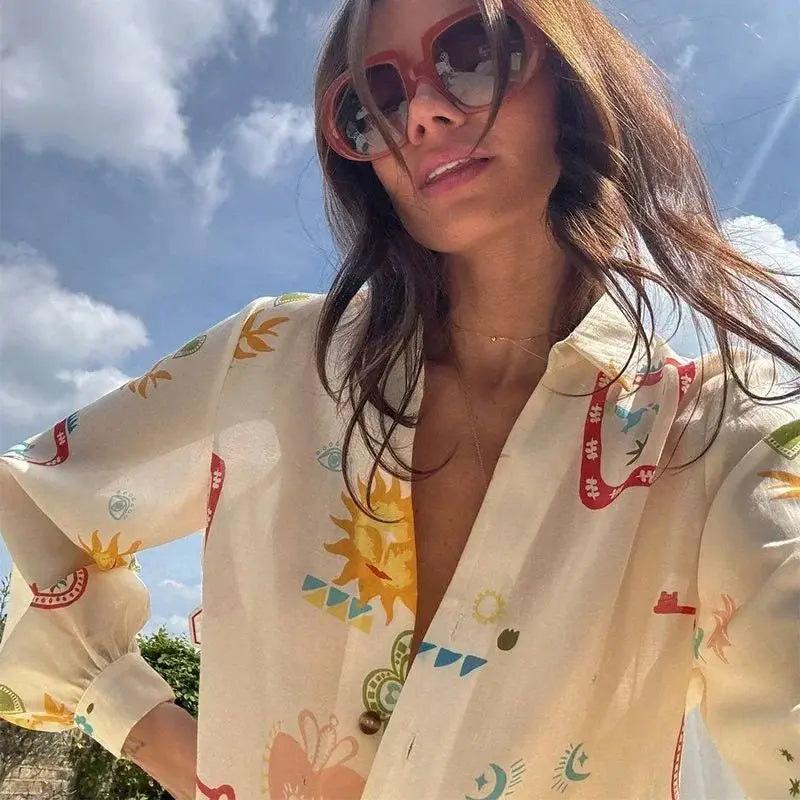 Floral Lapel Long Sleeve Two Piece Set