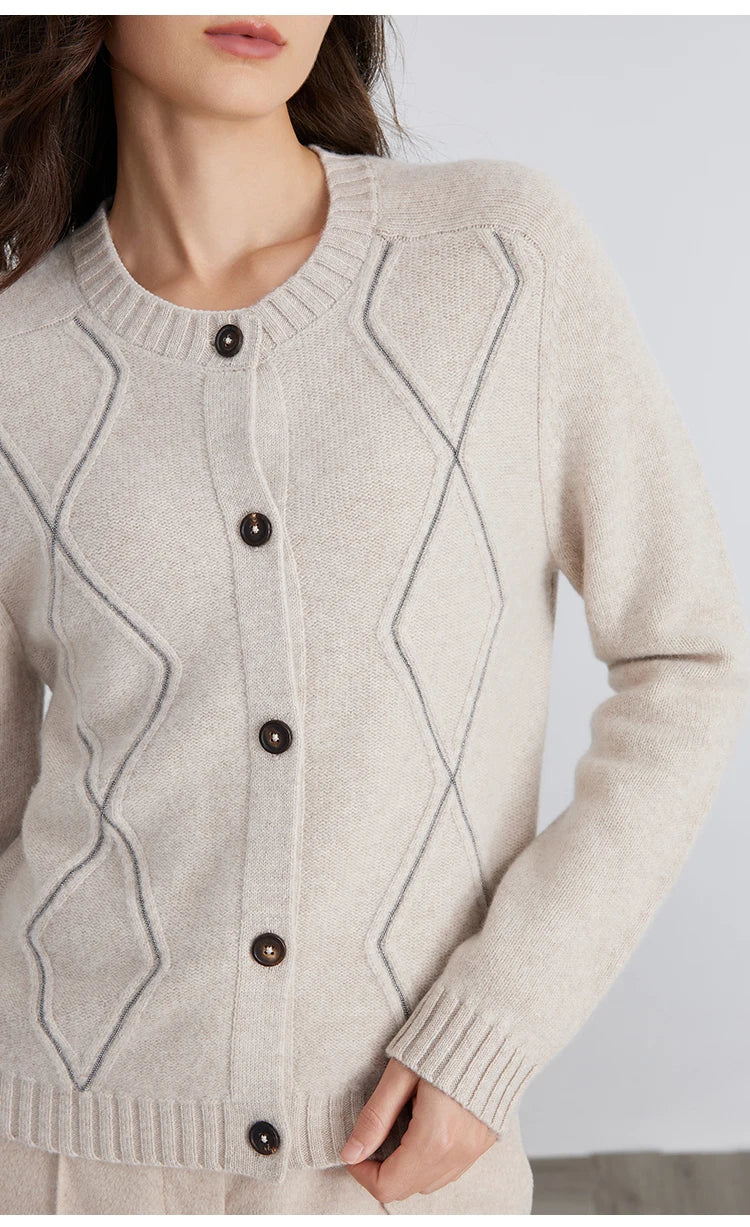 100% Merino Wool Long-Sleeved Knitted Cardigan