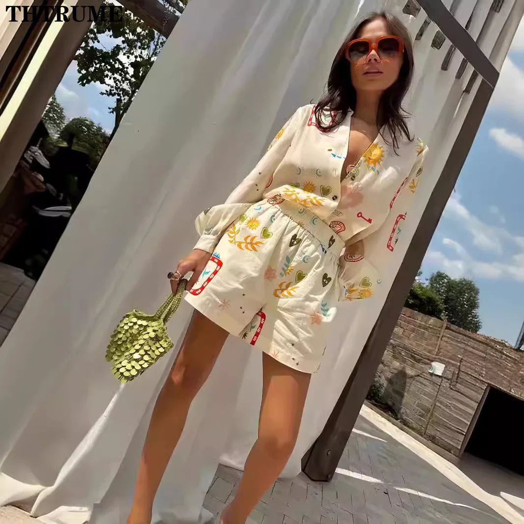 Floral Lapel Long Sleeve Two Piece Set