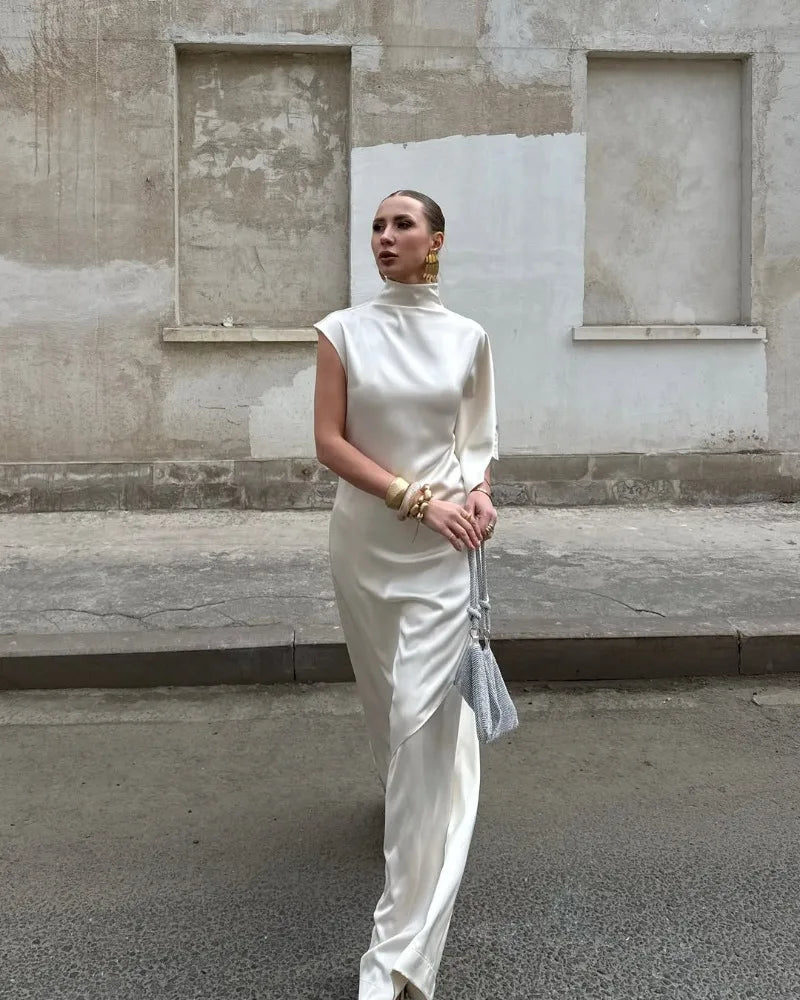 One Shoulder Asymmetric Turtleneck Dress