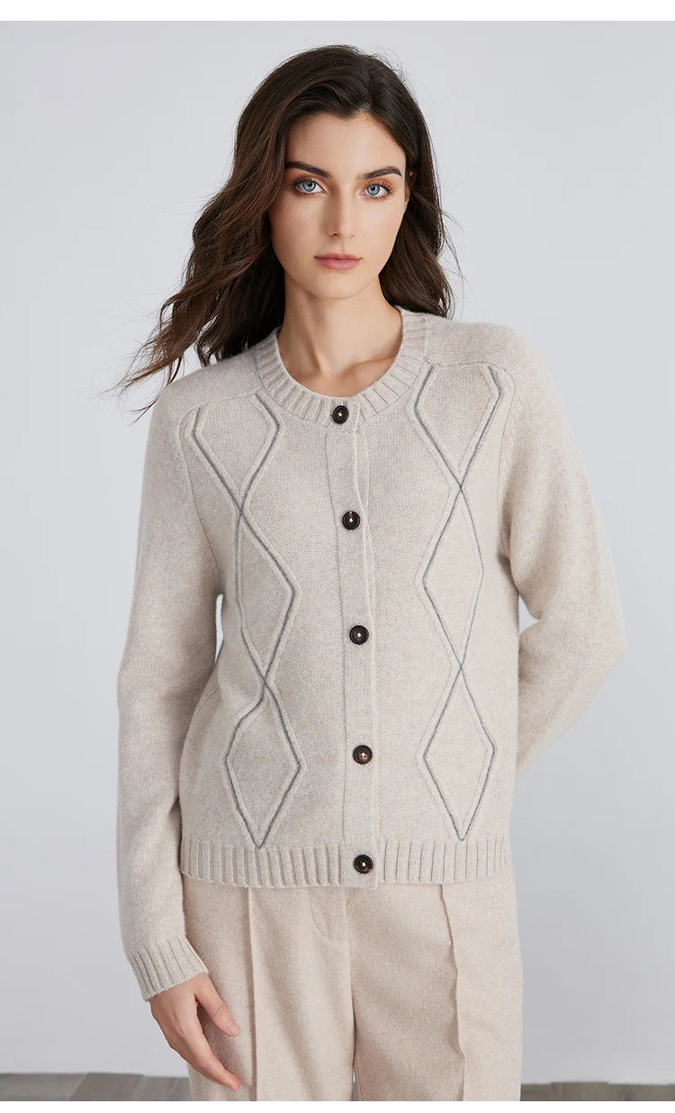 100% Merino Wool Long-Sleeved Knitted Cardigan