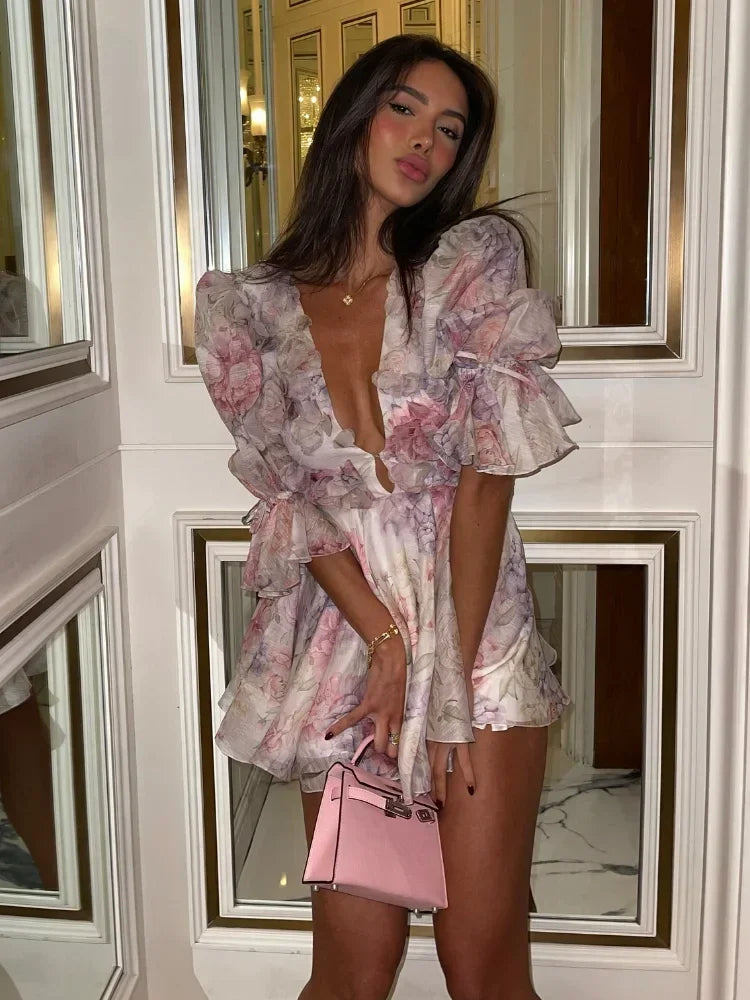 Chiffon Mini Dress Deep V-Neck Dress