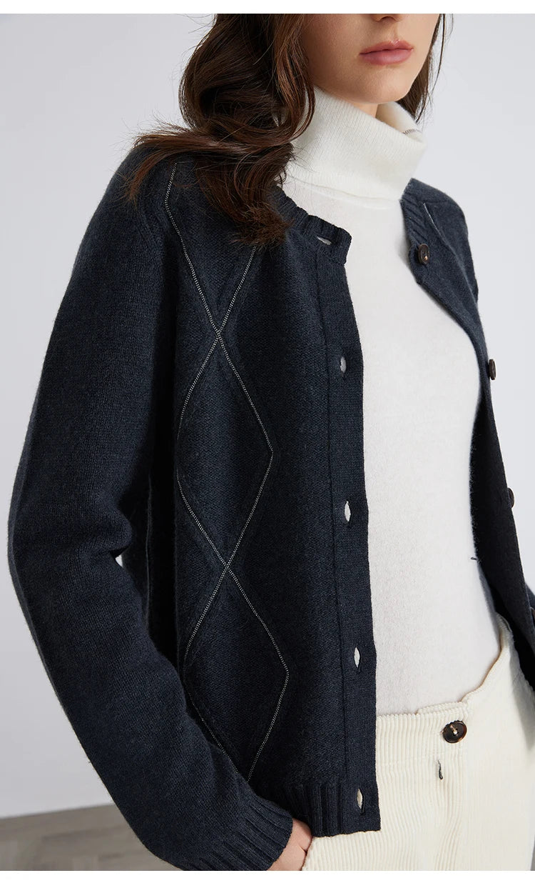 100% Merino Wool Long-Sleeved Knitted Cardigan