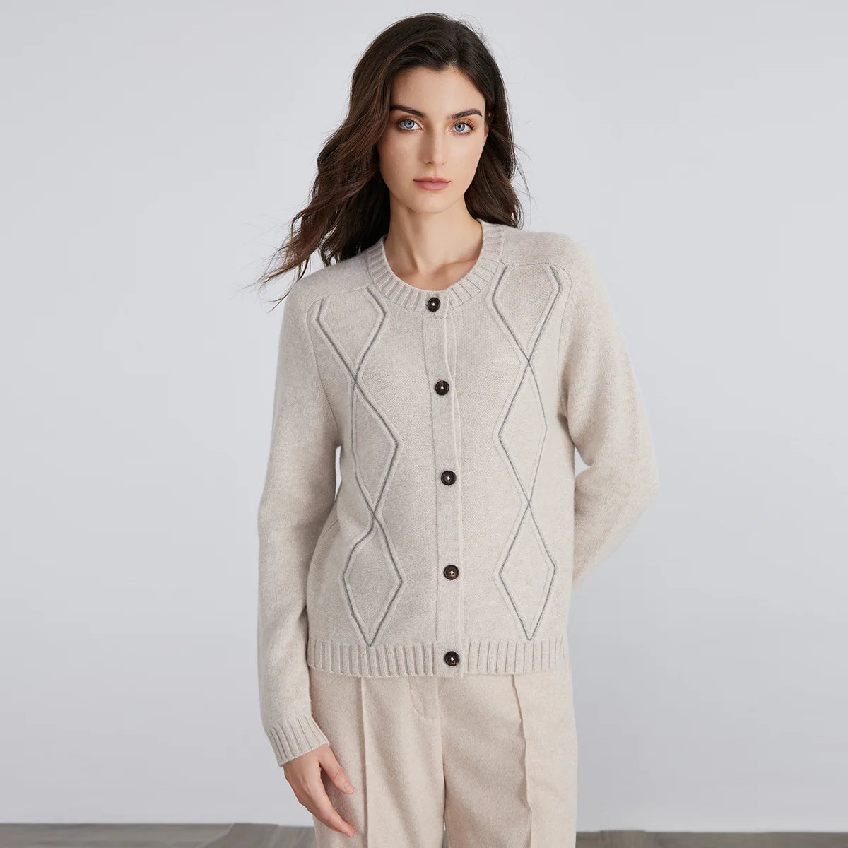 100% Merino Wool Long-Sleeved Knitted Cardigan