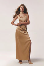 Beige Satin Midi Dress with Thin Straps - UTOPIA THEORY.