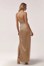 Beige Satin Midi Dress with Thin Straps - UTOPIA THEORY.