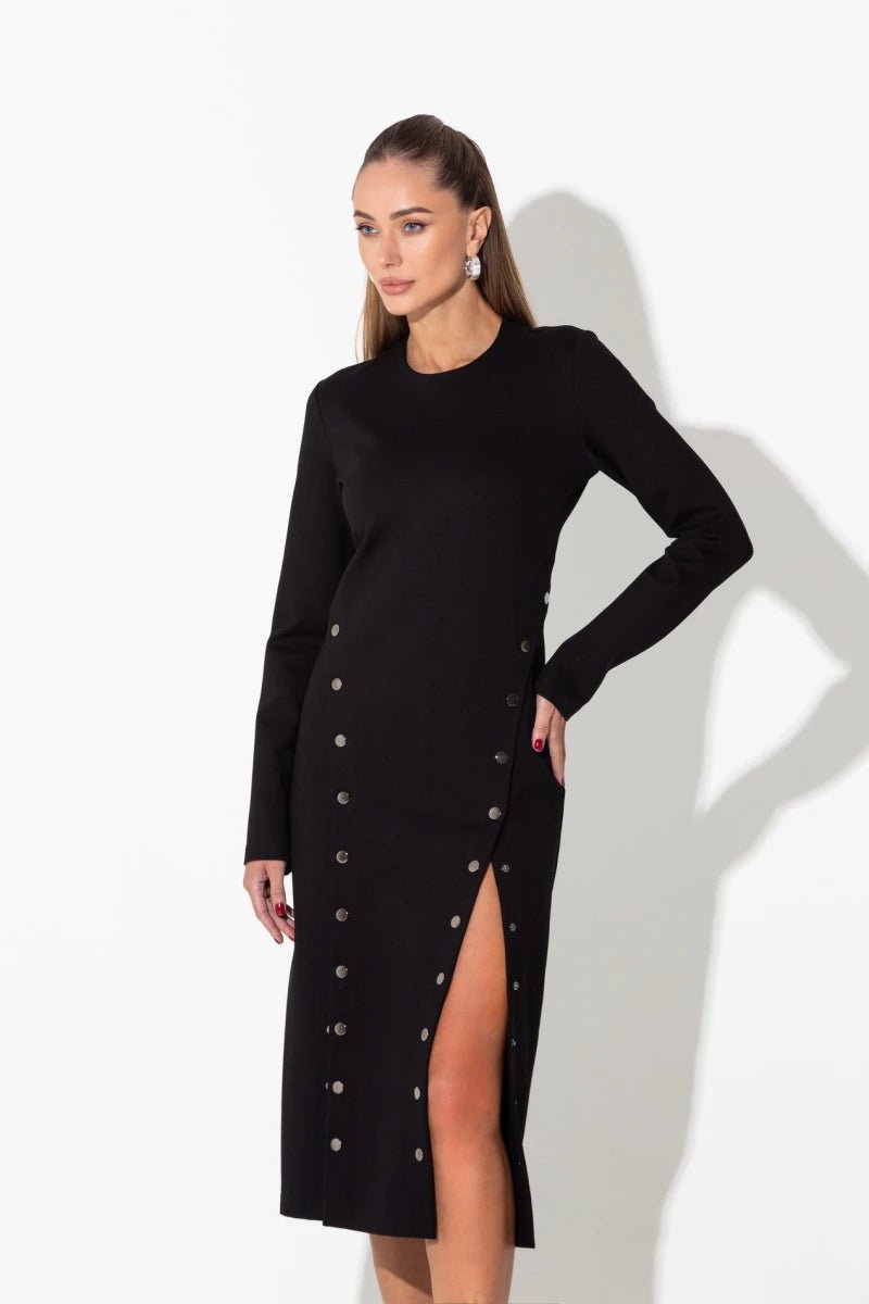 Black Dress with a Slit and Buttons - UTOPIA THEORY.