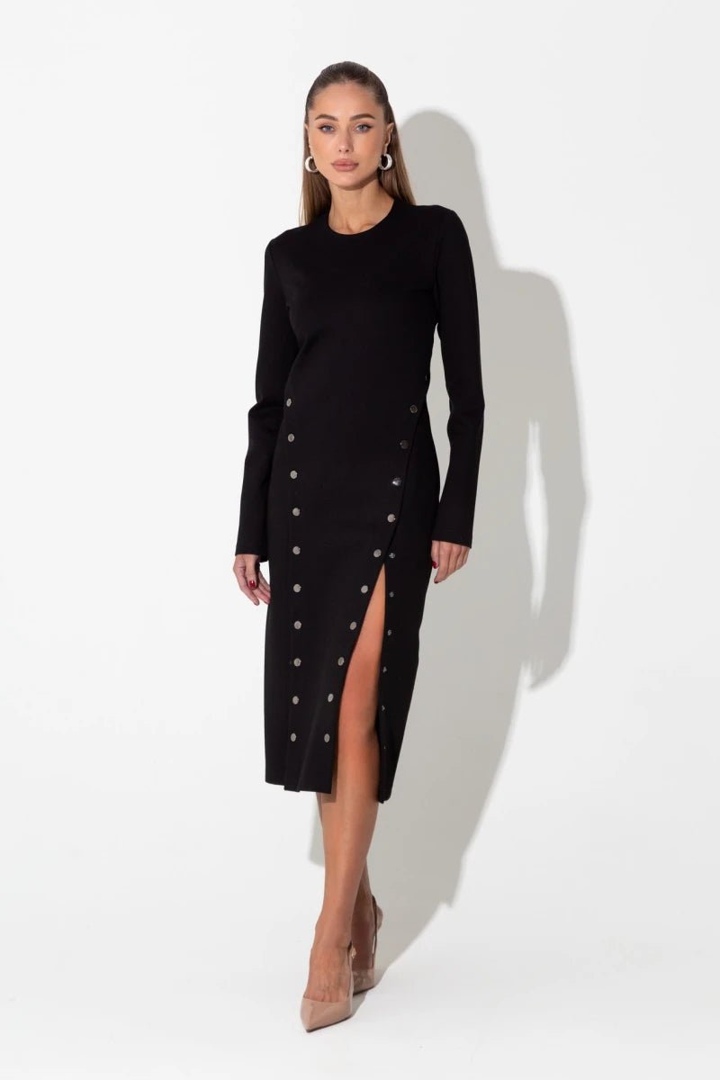 Black Dress with a Slit and Buttons - UTOPIA THEORY.