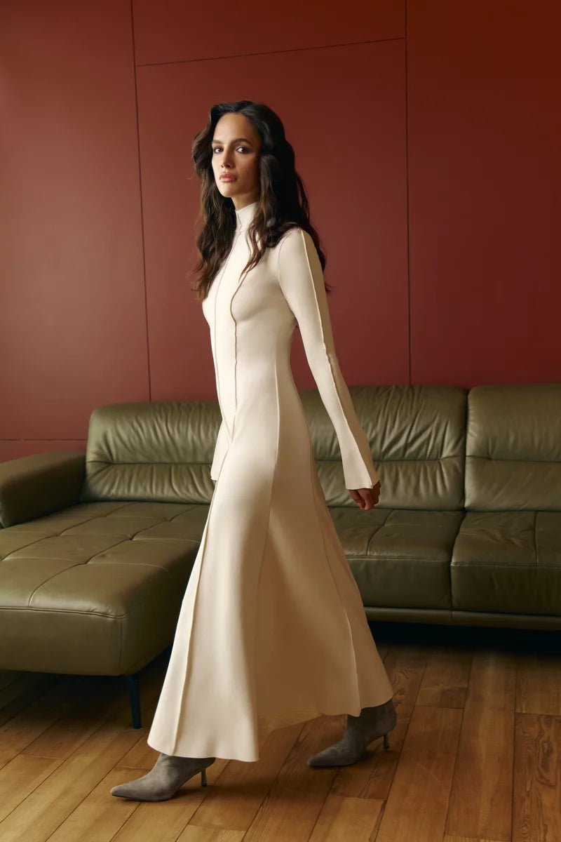 Milk knit maxi dress with flared skirt - UTOPIA THEORY.