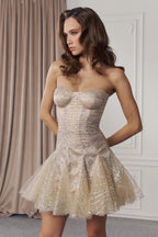 Beige mini dress with lace - up detailing - UTOPIA THEORY.