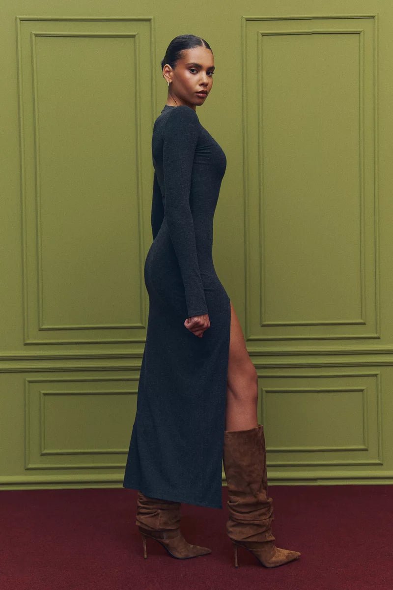 Gray knit maxi dress with accent slit - UTOPIA THEORY.