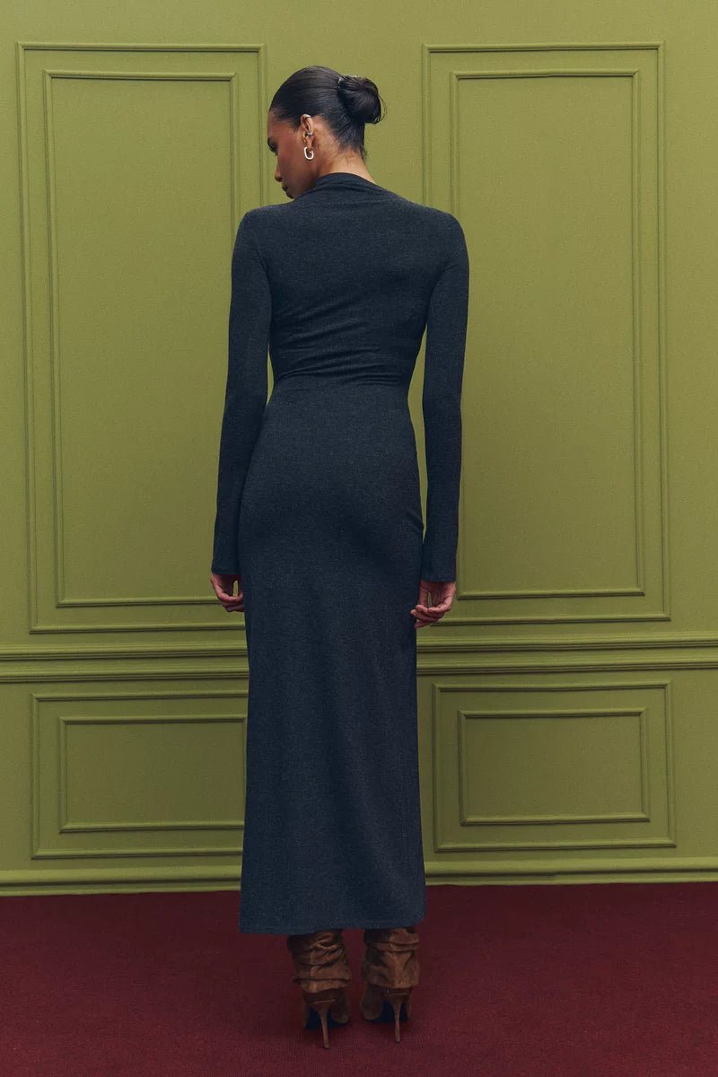 Gray knit maxi dress with accent slit - UTOPIA THEORY.