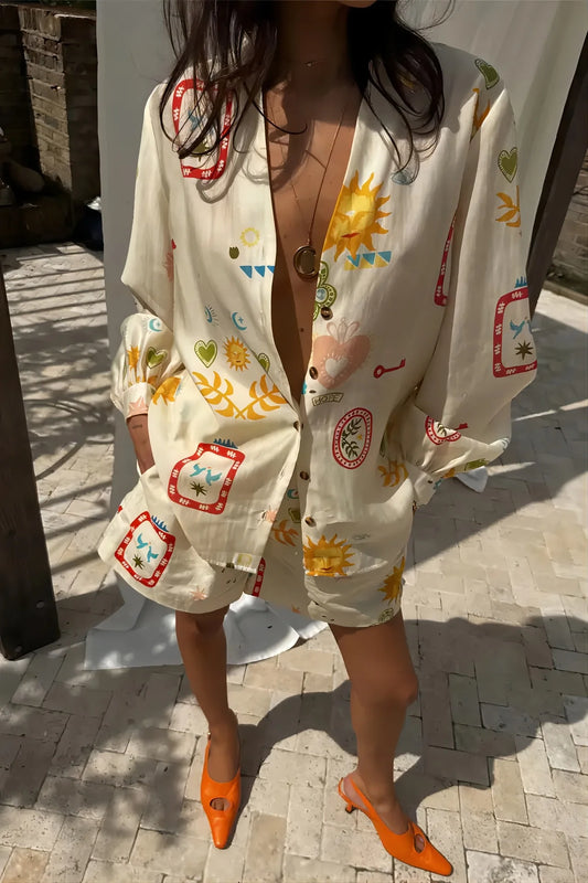 Floral Lapel Long Sleeve Two Piece Set