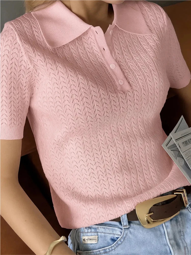 Short Sleeve Knitted Lapel T-shirt