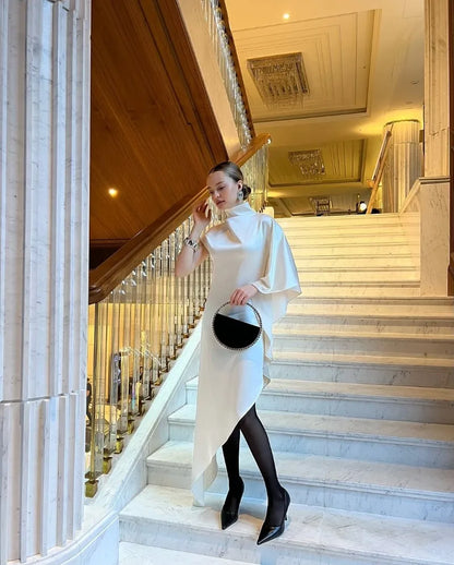 One Shoulder Asymmetric Turtleneck Dress
