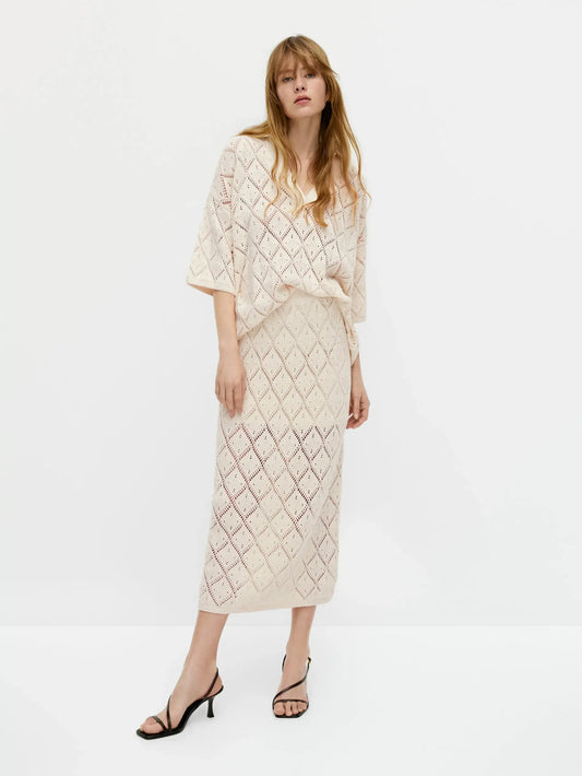 Flowy long crocheted hollow-out skirt