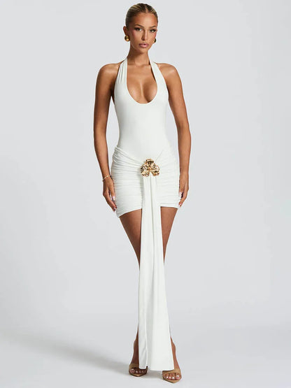 Metal Flower Draped Ruched Mini Dress