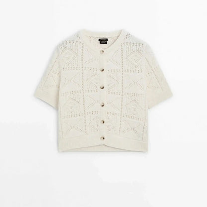 Round-Neck Short Sleeve Knit Cardigan