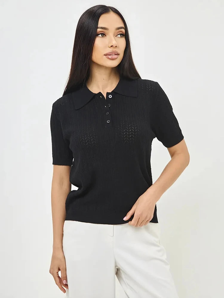 Short Sleeve Knitted Lapel T-shirt