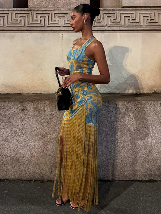 Tassels Long O-neck Sleeveless Dress