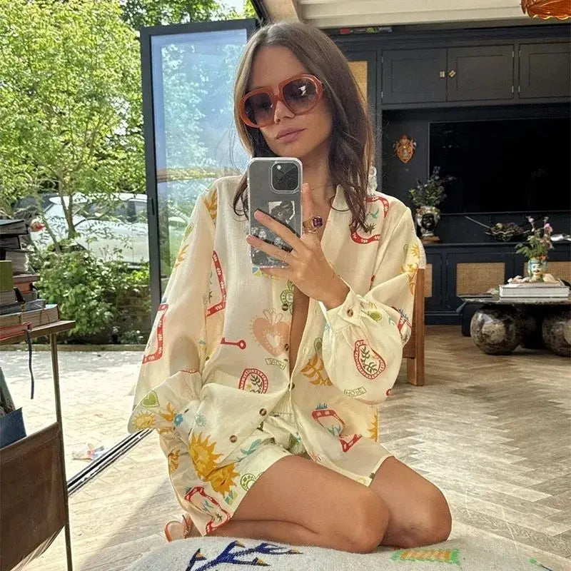 Floral Lapel Long Sleeve Two Piece Set
