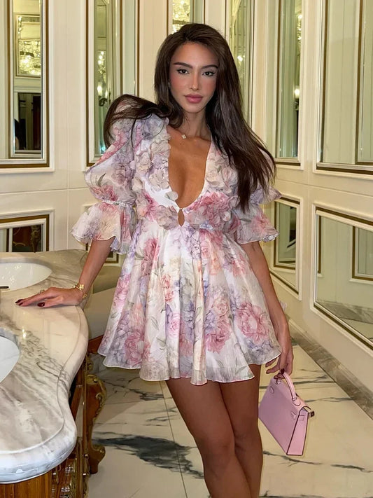Chiffon Mini Dress Deep V-Neck Dress