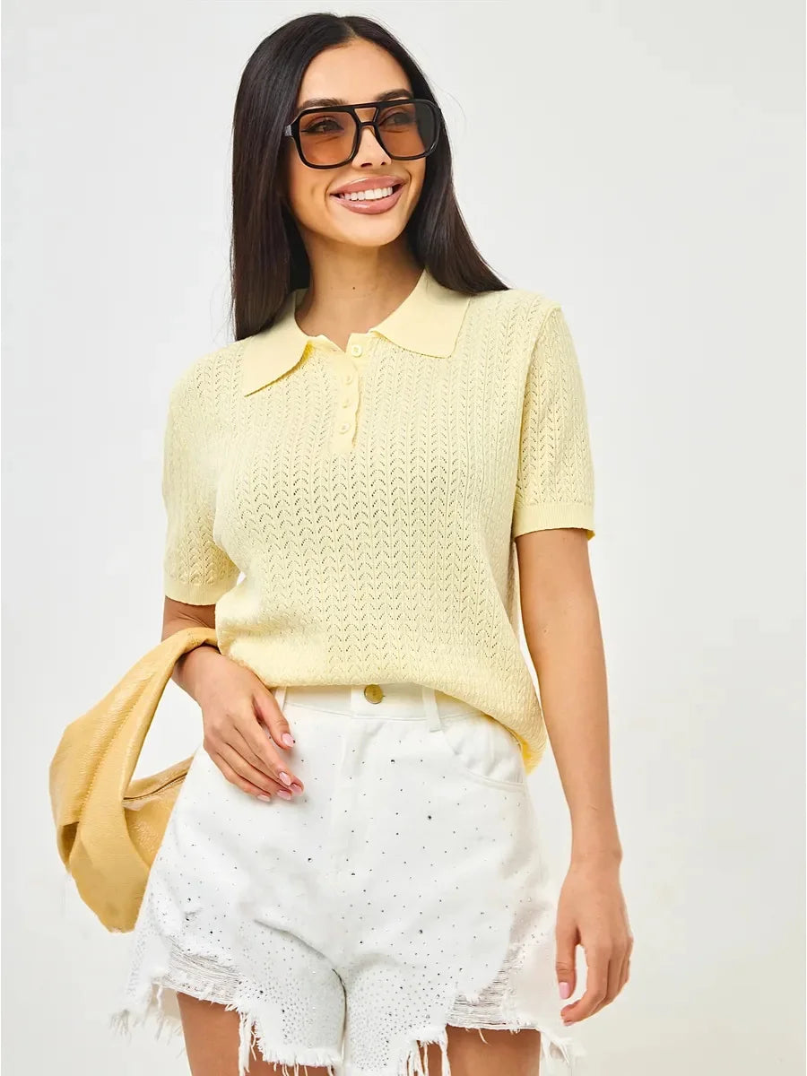 Short Sleeve Knitted Lapel T-shirt