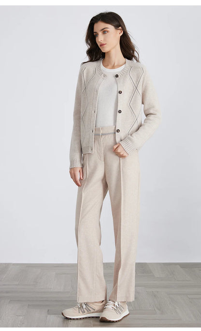 100% Merino Wool Long-Sleeved Knitted Cardigan