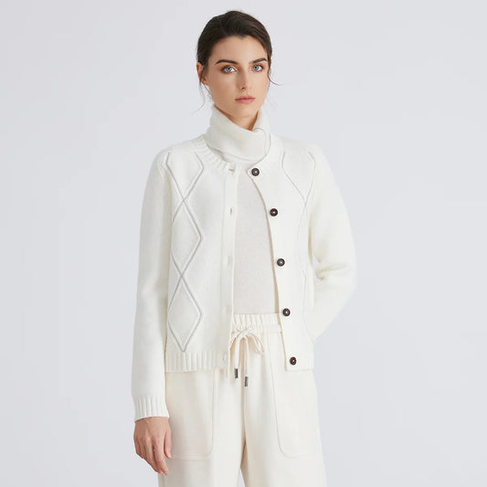 100% Merino Wool Long-Sleeved Knitted Cardigan