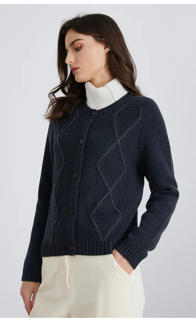 100% Merino Wool Long-Sleeved Knitted Cardigan