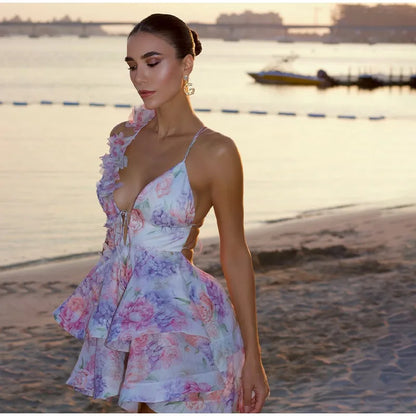 Floral Mini Sleeveless Backless Dress