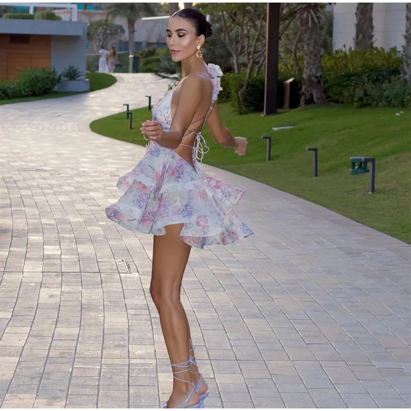 Floral Mini Sleeveless Backless Dress